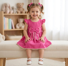 Load image into Gallery viewer, Doodle Solid Dress With Bow || Pink || Knee Length || Cap Sleeve || 6M-4Y
