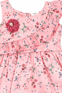 Doodle Girls Printed Pink Satin Ruffle Dress