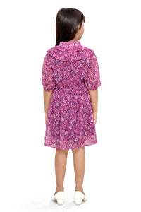Doodle Girls Wine Chiffon Floral Printed Ruffle Shirt Dress