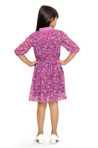 Doodle Girls Wine Chiffon Floral Printed Ruffle Shirt Dress