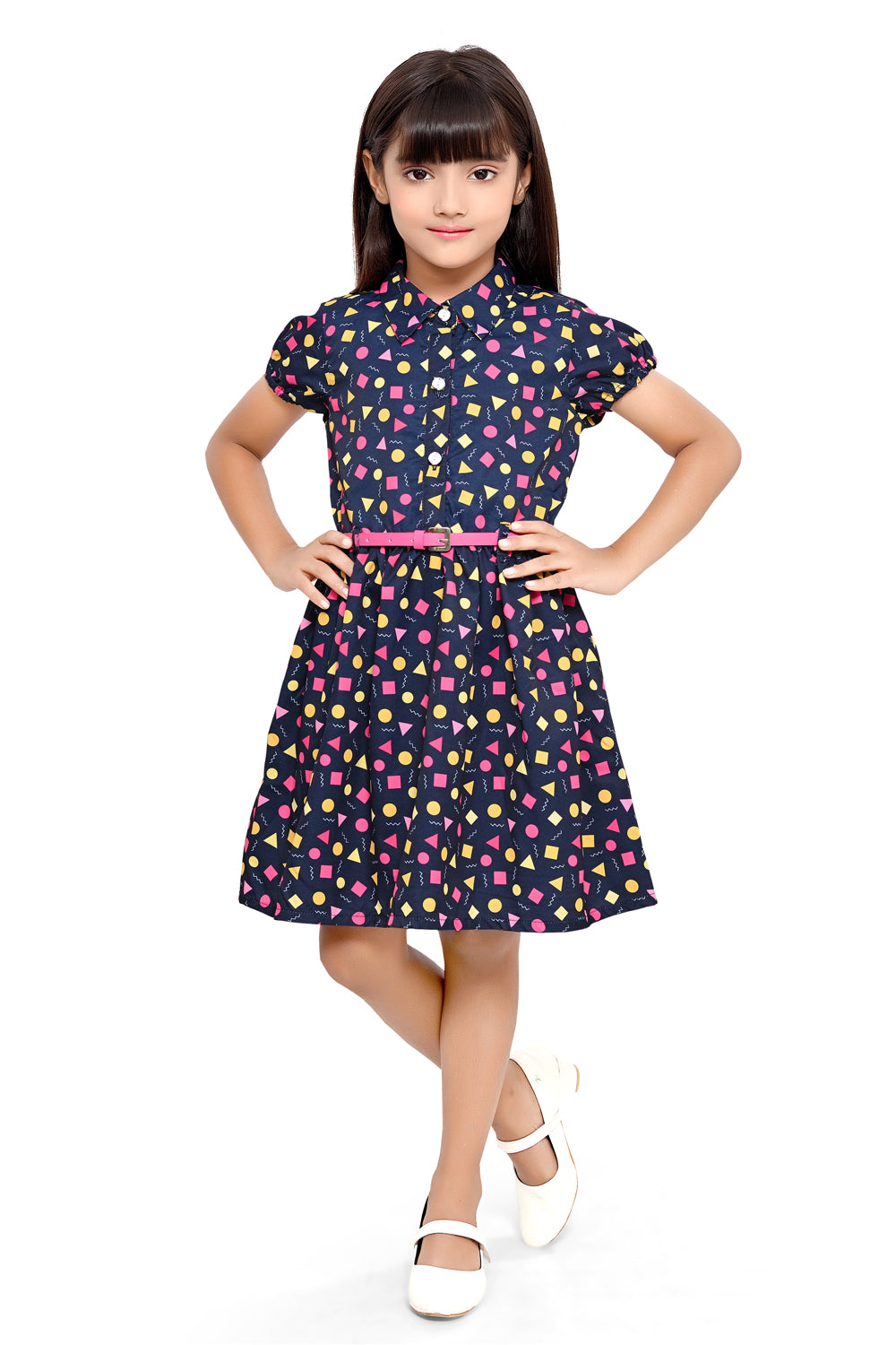 Doodle Girls Navy Abstract Printed Shirt Dress With Belt