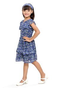 Doodle Girls Blue Chiffon Floral Printed Shirt Dress With Cap Sleeve