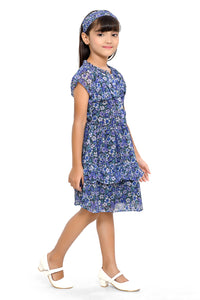 Doodle Girls Blue Chiffon Floral Printed Shirt Dress With Cap Sleeve