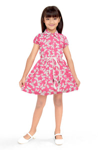 Doodle Girls Pink Butterfly Printed Shirt Dress With Belt