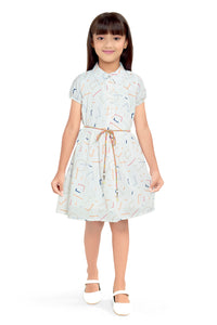 Doodle Girls White Abstract Printed Shirt Dress With Belt