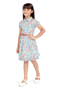 Doodle Girls White and Pink Abstract Printed Shirt Dress With Belt
