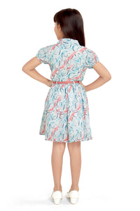 Doodle Girls White and Pink Abstract Printed Shirt Dress With Belt
