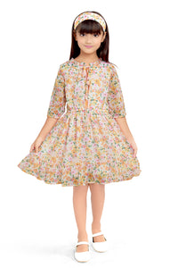 Doodle Girls Yellow Chiffon Floral Printed Tieup Neck Dress With Hairband