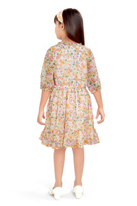 Doodle Girls Yellow Chiffon Floral Printed Tieup Neck Dress With Hairband