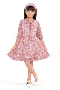 Doodle Girls Pink Chiffon Floral Printed Tieup Neck Dress With Hairband
