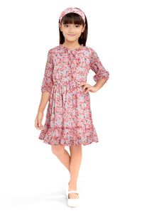 Doodle Girls Pink Chiffon Floral Printed Tieup Neck Dress With Hairband