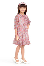Load image into Gallery viewer, Doodle Girls Pink Chiffon Floral Printed Tieup Neck Dress With Hairband
