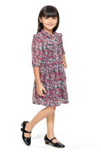 Doodle Girls Blue Chiffon Floral Printed Shirt Dress With 3/4 Sleeve