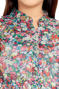 Doodle Girls Green Chiffon Floral Printed Ruffle Shirt Dress