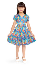 Load image into Gallery viewer, Doodle Girls Blue Satin Printed V Neck Dress With Buckle
