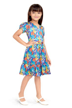 Load image into Gallery viewer, Doodle Girls Blue Satin Printed V Neck Dress With Buckle
