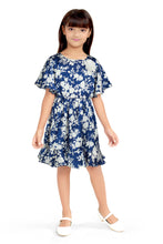 Load image into Gallery viewer, Doodle Girls Navy Satin Floral Printed Dress With Flower
