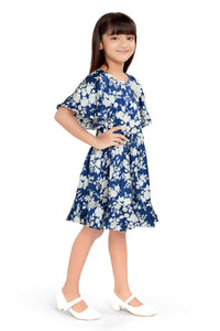 Doodle Girls Navy Satin Floral Printed Dress With Flower