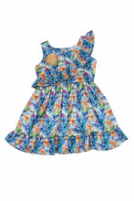 Load image into Gallery viewer, Doodle Girls Blue Satin AOP Sleeveless Ruffle Dress

