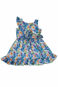 Doodle Girls Blue Satin AOP Sleeveless Ruffle Dress