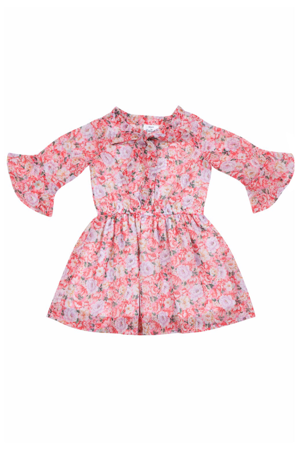Doodle Girls Pink Chiffon Floral  Printed Tieup Dress With 3/4 Sleeve
