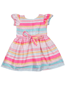 Doodle Girls Off-White Satin Striped A-Line Dress