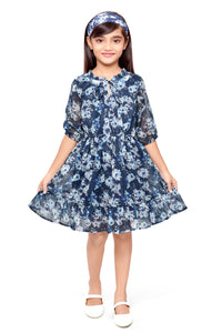 Doodle Girls Navy Lurex Chiffon Floral Printed Tie-up Dress With Hairband