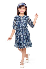 Load image into Gallery viewer, Doodle Girls Navy Lurex Chiffon Floral Printed Tie-up Dress With Hairband
