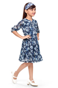 Doodle Girls Navy Lurex Chiffon Floral Printed Tie-up Dress With Hairband