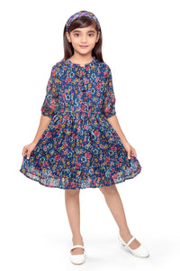 Doodle Girls Navy Lurex Chiffon Floral Printed Tie-up Dress With Hairband 3/4 Sleeve