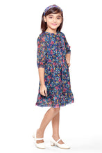 Load image into Gallery viewer, Doodle Girls Navy Lurex Chiffon Floral Printed Tie-up Dress With Hairband 3/4 Sleeve
