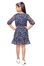 Load image into Gallery viewer, Doodle Girls Navy Lurex Chiffon Floral Printed Tie-up Dress With Hairband 3/4 Sleeve
