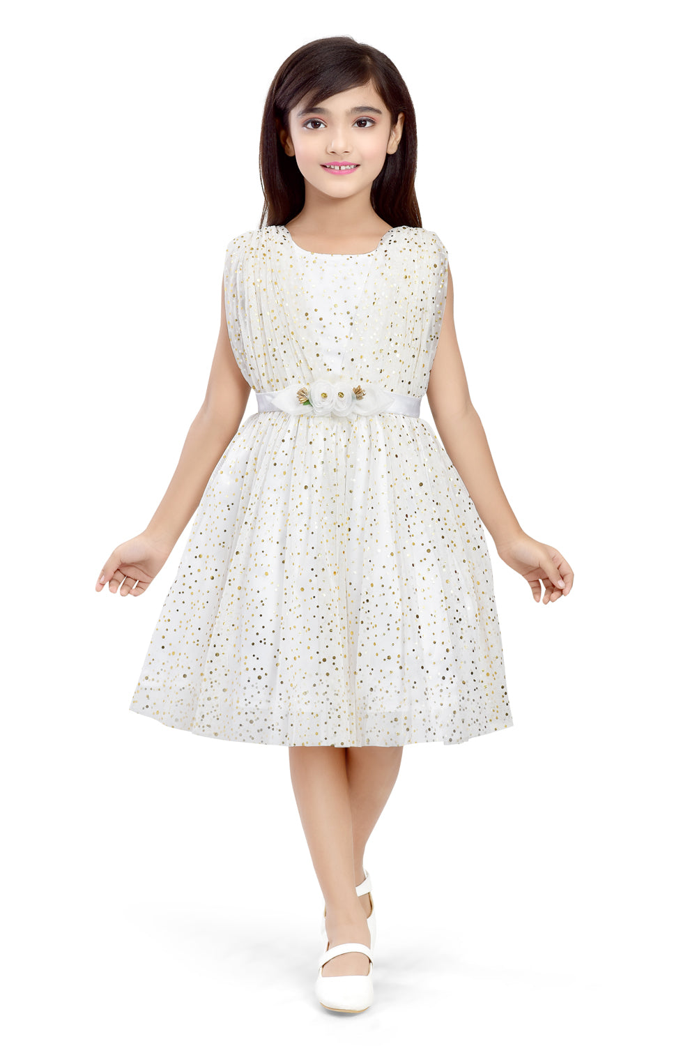 Doodle Girls Offwhite Foil Gold Polka dots With Sleeveless Dress