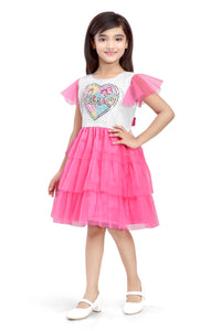 Doodle Girls Pink Net Step Dress With Fancy Patch