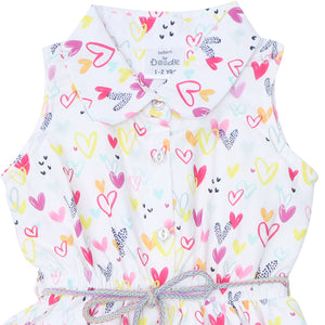 Doodle Baby Girls White Heart Print Shirt Dress With Belt