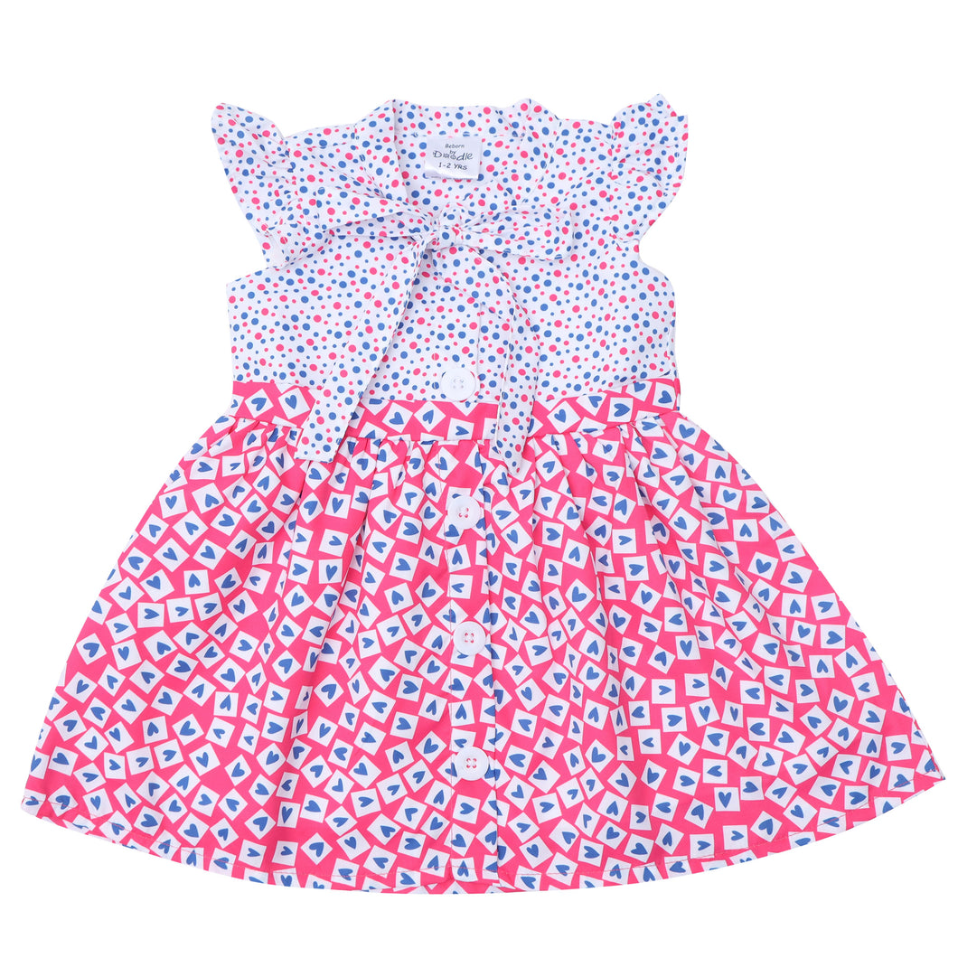Doodle Baby Girls White and Pink Heart Printed Tie-up Dress With Cap Sleeve