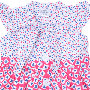 Doodle Baby Girls White and Pink Heart Printed Tie-up Dress With Cap Sleeve