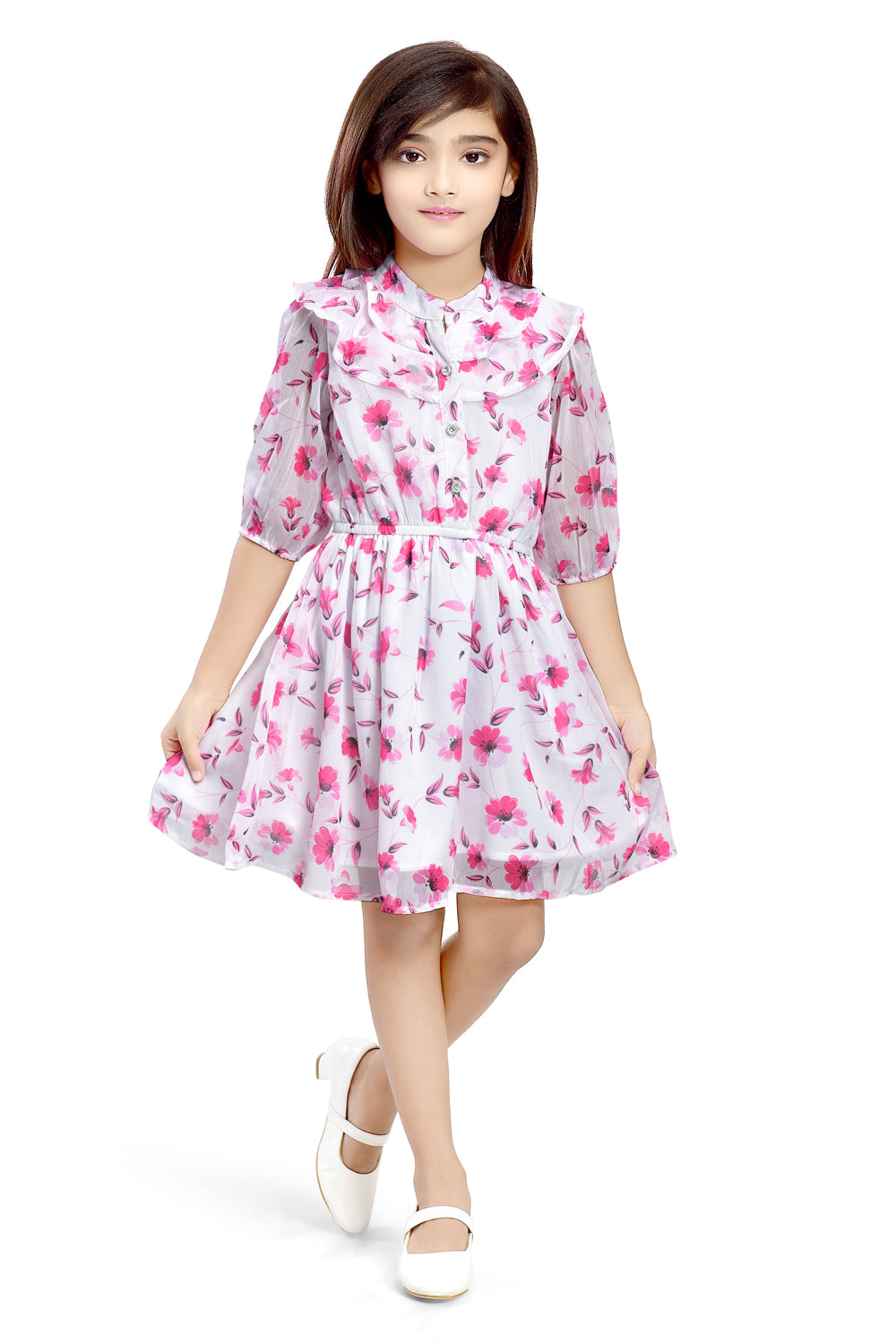 Doodle Girls White Chiffion Floral Ruffle Shirt Dress