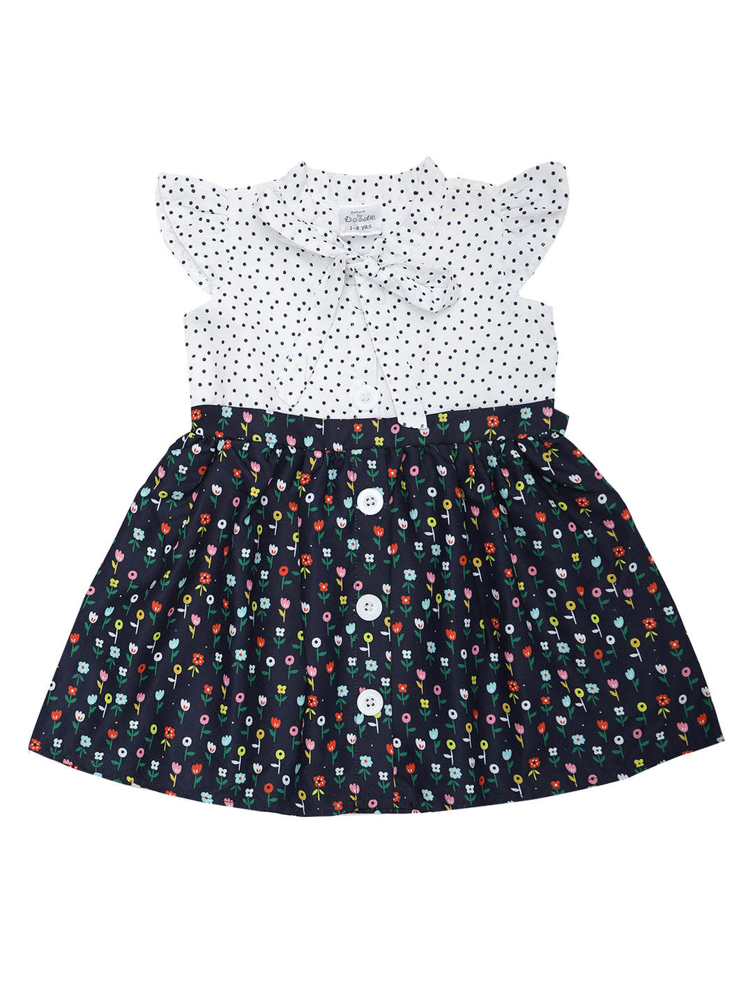 Doodle Baby Girls Navy Polka & Floral Tie-up Dress With Cap Sleeve
