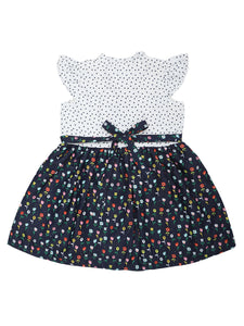 Doodle Baby Girls Navy Polka & Floral Tie-up Dress With Cap Sleeve
