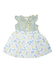 Doodle Baby Girls White Stripe & AOP Tie-up Dress With Cap Sleeve