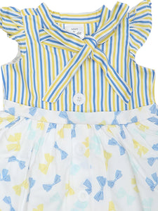 Doodle Baby Girls White Stripe & AOP Tie-up Dress With Cap Sleeve