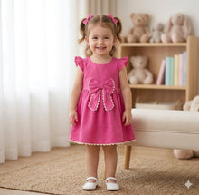 Load image into Gallery viewer, Doodle Solid Dress With Bow || Pink || Knee Length || Cap Sleeve || 6M-4Y
