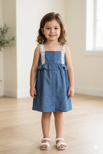 Load image into Gallery viewer, Doodle Solid Denim and Lace Dress || Blue || Knee Length || Sleeveless || 6M-4Y
