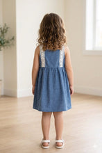 Load image into Gallery viewer, Doodle Solid Denim and Lace Dress || Blue || Knee Length || Sleeveless || 6M-4Y
