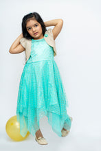 Load image into Gallery viewer, Green Polka Print Foil Kerchief with Shrug Net Dress
