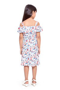 Offwhite Nautical Printed Cold Shoulder Shirt Dress With Fabric Belt