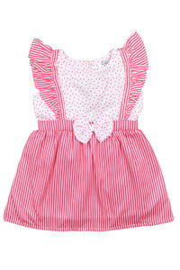 Pink Polyester Stripe and Polka Printed Ruffle Dress