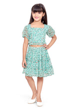 Load image into Gallery viewer, Green Chiffon Floral Printed Co-ord Skirt Set
