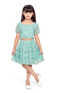 Green Chiffon Floral Printed Co-ord Skirt Set